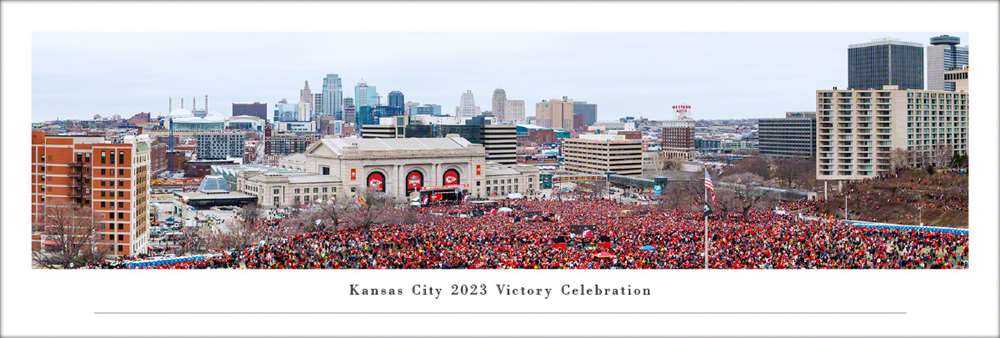 Kansas City Celebrates - 2023 Kansas City Chiefs Victory Parade Panoramic Fan Cave Decor  Unframed