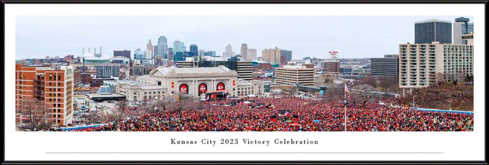 Kansas City Celebrates - 2023 Kansas City Chiefs Victory Parade Panoramic Fan Cave Decor  Standard Frame