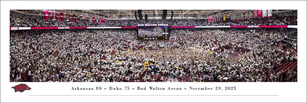 Arkansas Razorbacks Court Storming Panoramic Picture - Men's Basketball at Bud Walton Arena Fan Cave Decor  Unframed