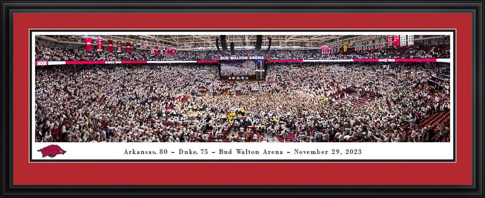 Arkansas Razorbacks Court Storming Panoramic Picture - Men's Basketball at Bud Walton Arena Fan Cave Decor  Deluxe Frame