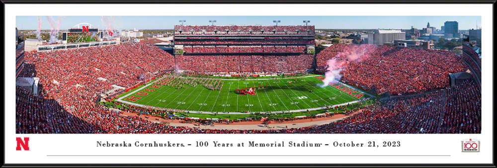 Nebraska Cornhuskers Football Panoramic Picture - 100 Years at Memorial Stadium Fan Cave Decor  Standard Frame