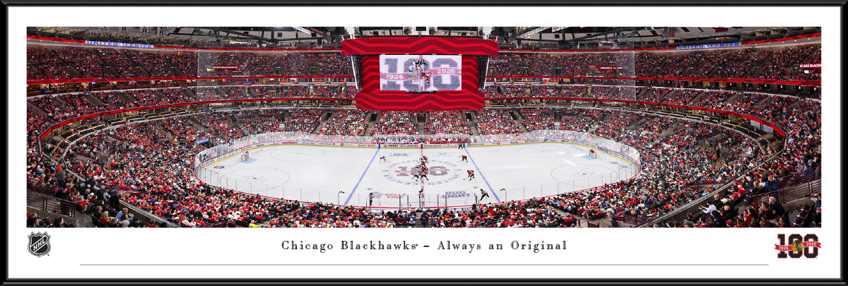 Chicago Blackhawks Centennial Season, Face-off Stadium Panoramic Picture Standard Frame - 40 1/4" X 13 3/4"